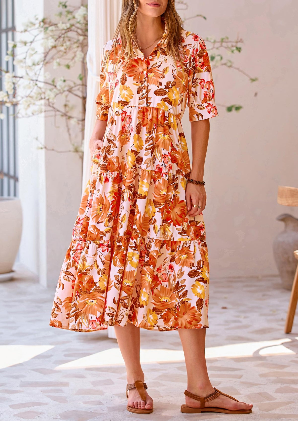 Button Up Ruffle A Line Flowy Maxi Dress