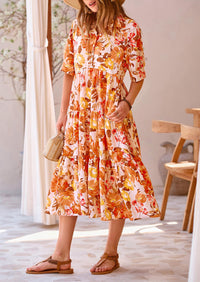 Button Up Ruffle A Line Flowy Maxi Dress