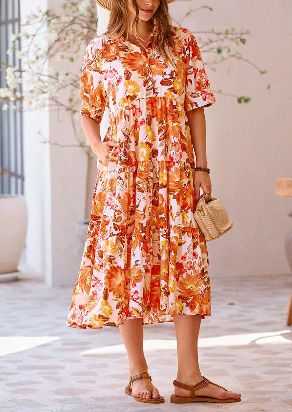 Button Up Ruffle A Line Flowy Maxi Dress