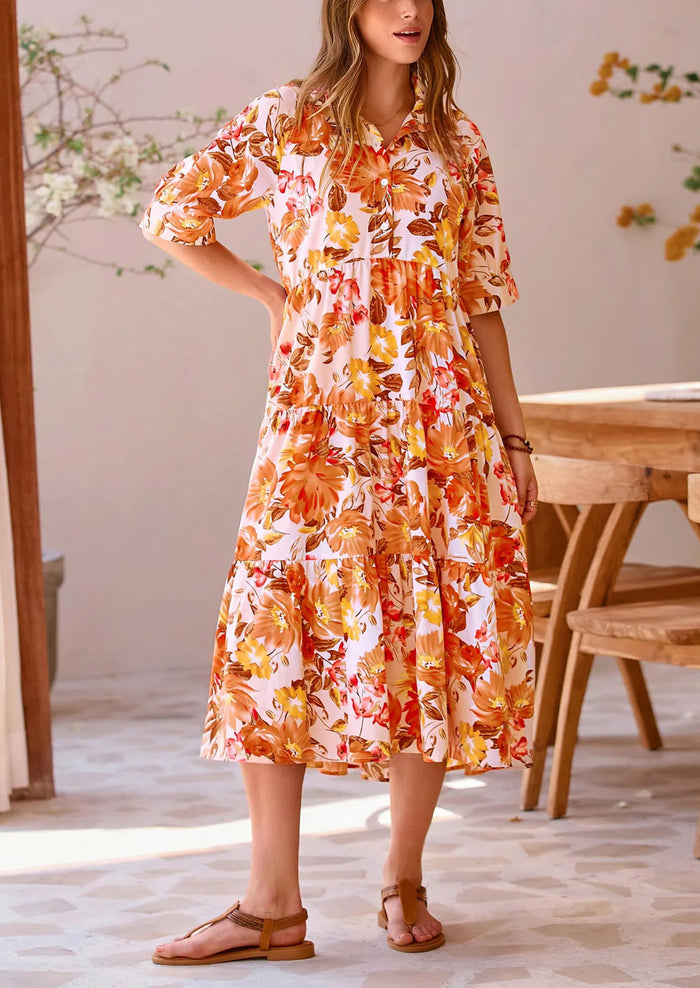 Button Up Ruffle A Line Flowy Maxi Dress