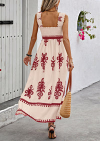 Boho Casual Sleeveless Square Neck Floral A Line Smocked Beach Maxi Dress with Pockets