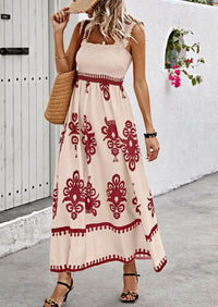 Boho Casual Sleeveless Square Neck Floral A Line Smocked Beach Maxi Dress with Pockets