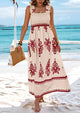 Boho Casual Sleeveless Square Neck Floral A Line Smocked Beach Maxi Dress with Pockets