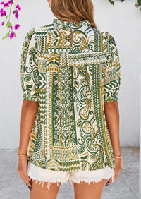 Floral Short Sleeve Dressy Casual Boho Pleated  Blouses