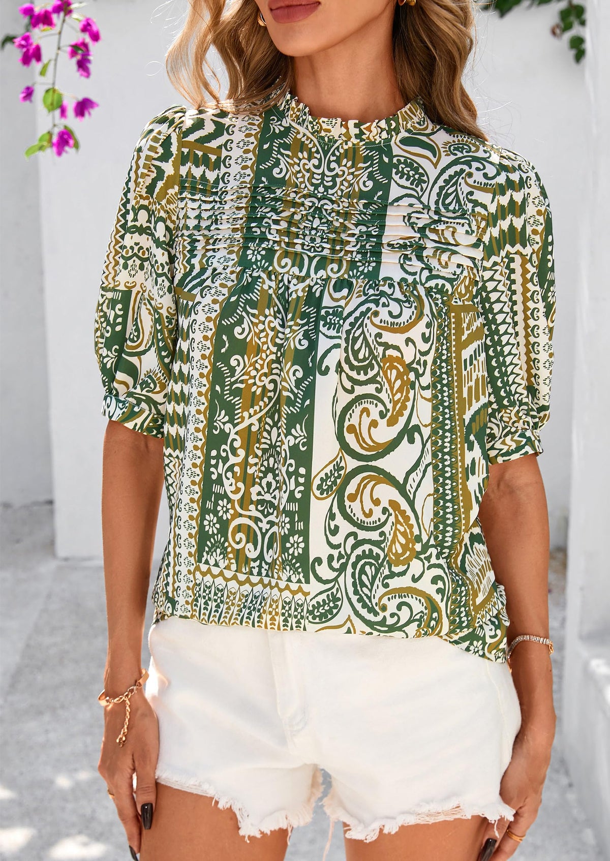 Floral Short Sleeve Dressy Casual Boho Pleated  Blouses