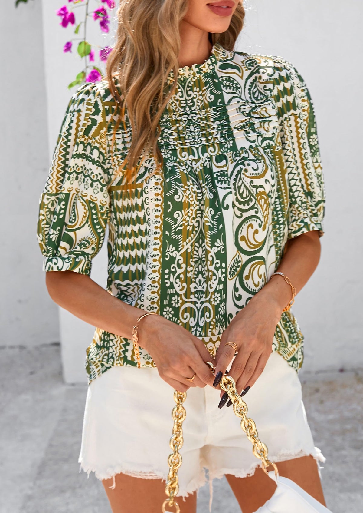 Floral Short Sleeve Dressy Casual Boho Pleated  Blouses