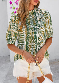 Floral Short Sleeve Dressy Casual Boho Pleated  Blouses