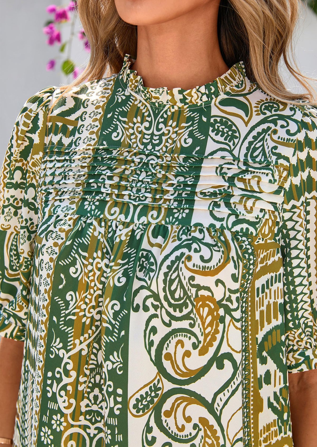 Floral Short Sleeve Dressy Casual Boho Pleated  Blouses