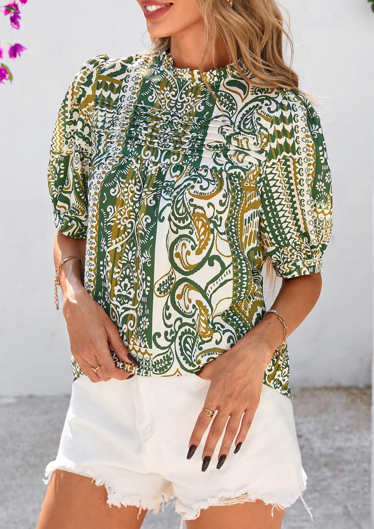 Floral Short Sleeve Dressy Casual Boho Pleated  Blouses
