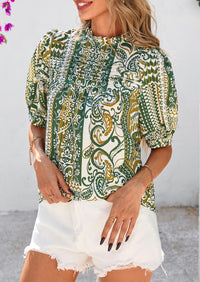 Floral Short Sleeve Dressy Casual Boho Pleated  Blouses