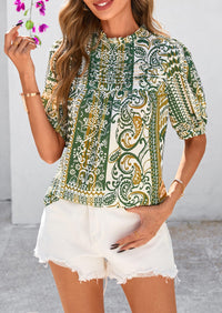 Floral Short Sleeve Dressy Casual Boho Pleated  Blouses