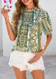 Floral Short Sleeve Dressy Casual Boho Pleated  Blouses