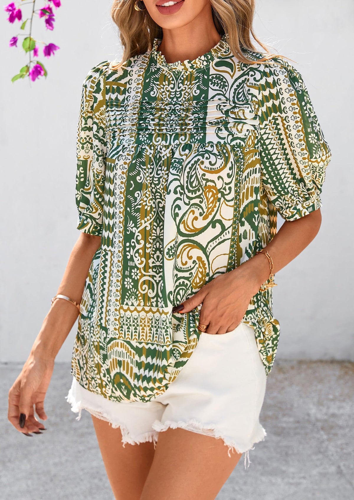 Floral Short Sleeve Dressy Casual Boho Pleated  Blouses
