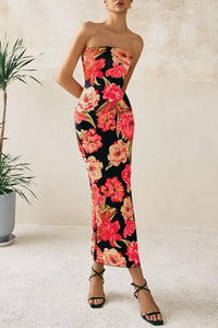 Floral Bodycon Ribbed Strapless Tube Casual Boho Maxi Dresses