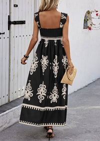 Boho Casual Sleeveless Square Neck Floral A Line Smocked Beach Maxi Dress with Pockets
