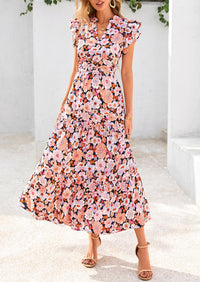 Floral Cap Sleeve V Neck Ruffle Flowy Boho Casual Beach Vacation Midi Dress