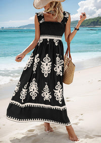 Boho Casual Sleeveless Square Neck Floral A Line Smocked Beach Maxi Dress with Pockets