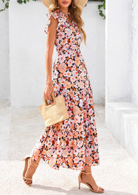 Floral Cap Sleeve V Neck Ruffle Flowy Boho Casual Beach Vacation Midi Dress