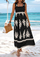 Boho Casual Sleeveless Square Neck Floral A Line Smocked Beach Maxi Dress with Pockets