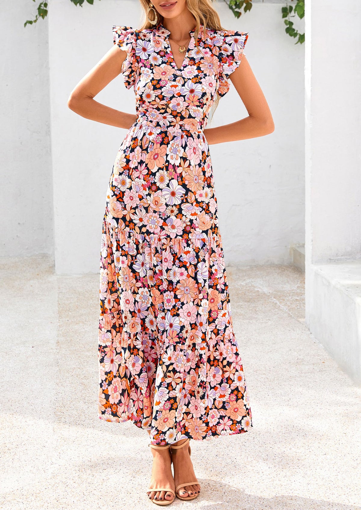 Floral Cap Sleeve V Neck Ruffle Flowy Boho Casual Beach Vacation Midi Dress