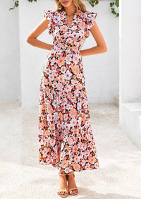 Floral Cap Sleeve V Neck Ruffle Flowy Boho Casual Beach Vacation Midi Dress