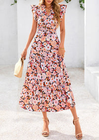 Floral Cap Sleeve V Neck Ruffle Flowy Boho Casual Beach Vacation Midi Dress