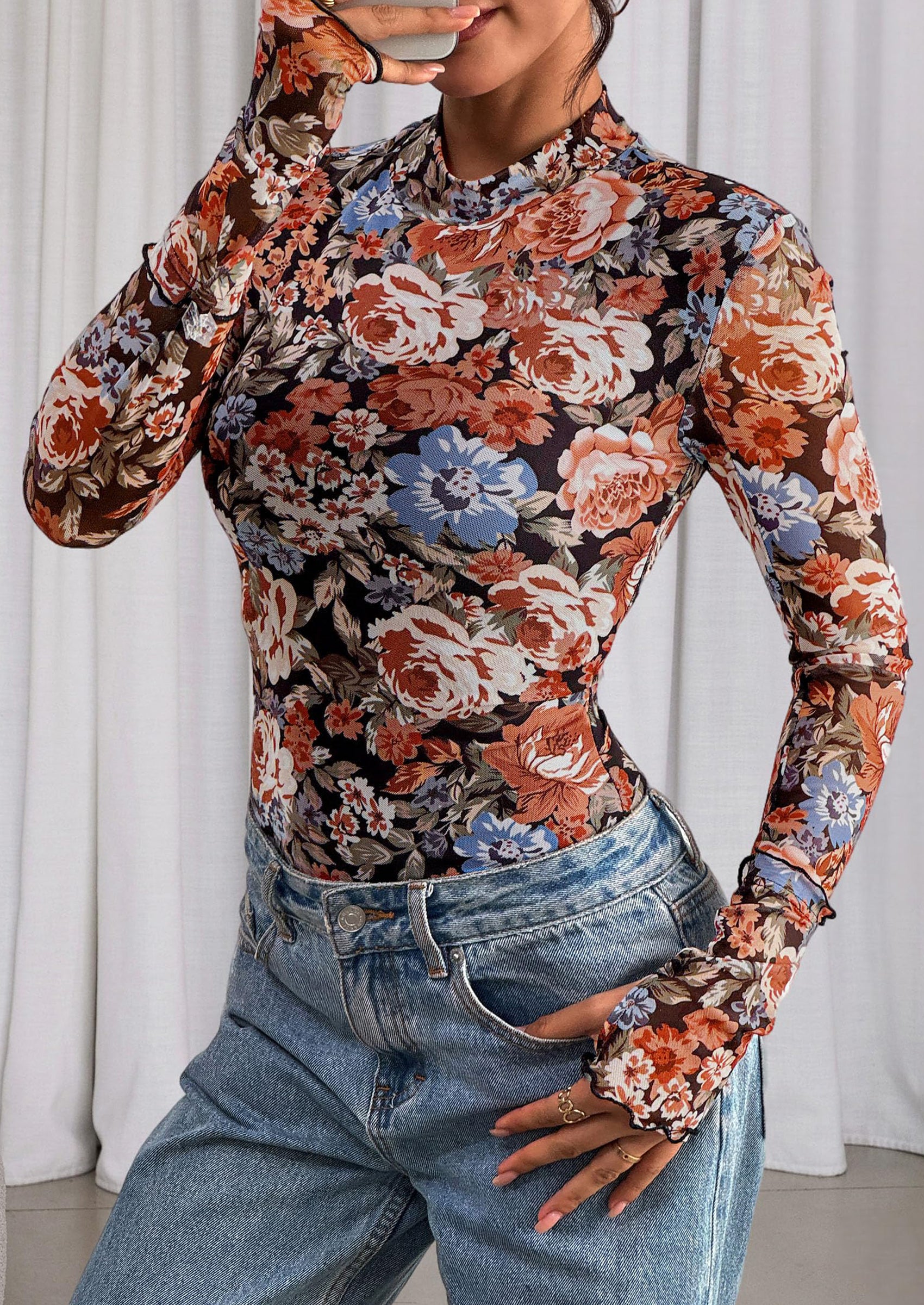 PRETTYGARDEN Womens Fall Mesh Floral Blouses Long Sleeve Going Out Tops Slim Fitted Shirts Date Night Outfits