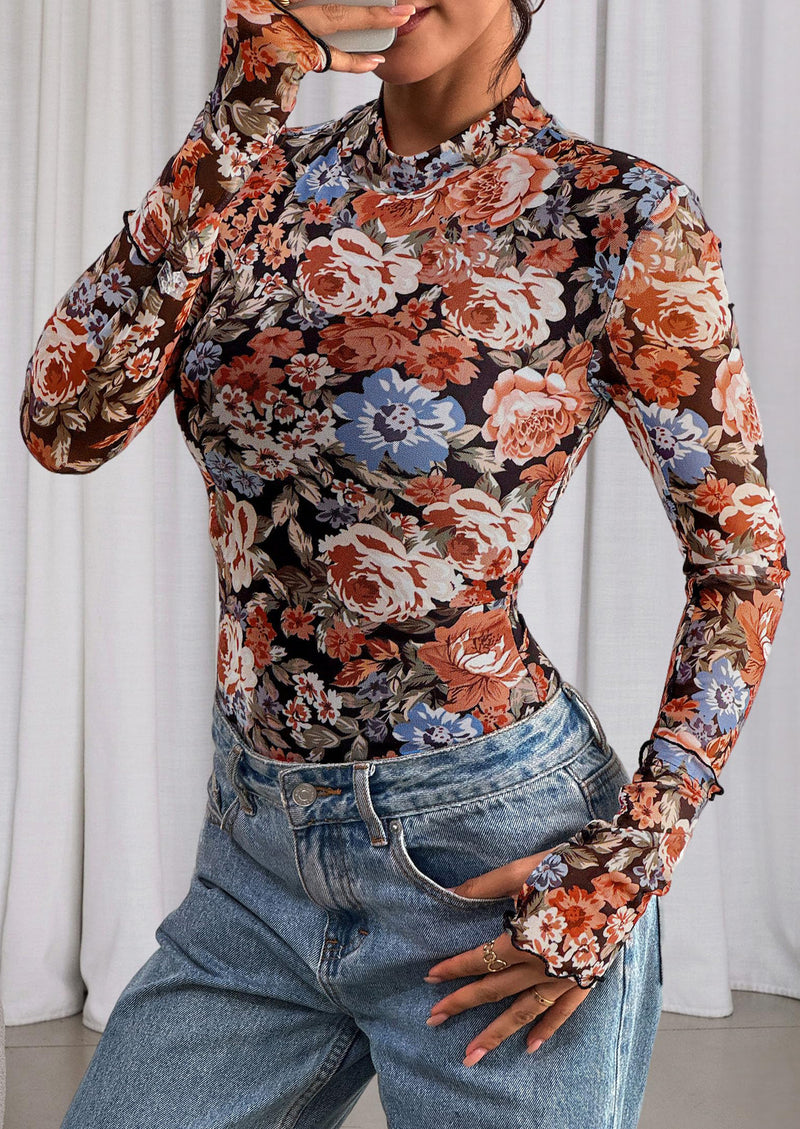 PRETTYGARDEN Womens Fall Mesh Floral Blouses Long Sleeve Going Out Tops Slim Fitted Shirts Date Night Outfits