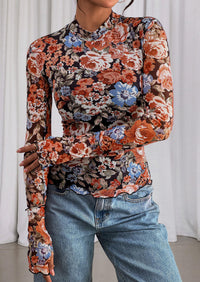 PRETTYGARDEN Womens Fall Mesh Floral Blouses Long Sleeve Going Out Tops Slim Fitted Shirts Date Night Outfits
