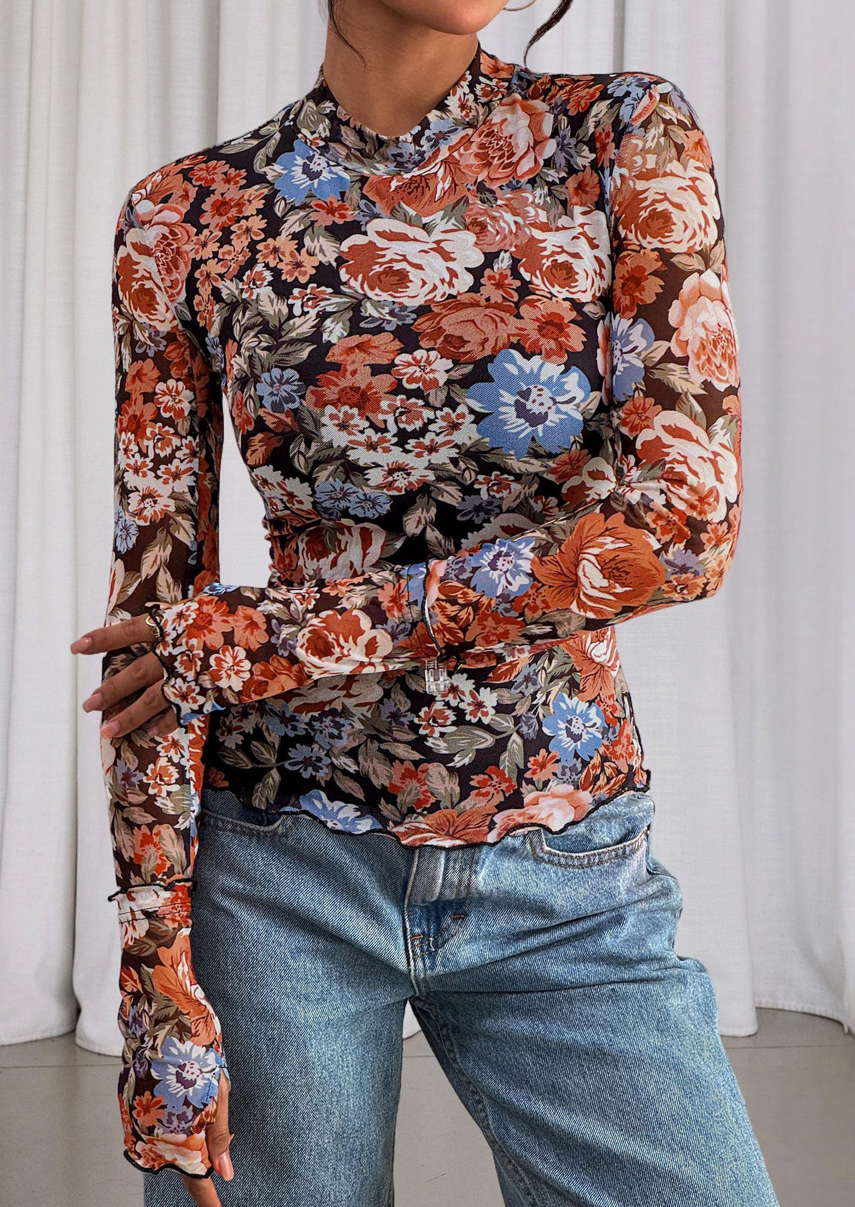 PRETTYGARDEN Womens Fall Mesh Floral Blouses Long Sleeve Going Out Tops Slim Fitted Shirts Date Night Outfits