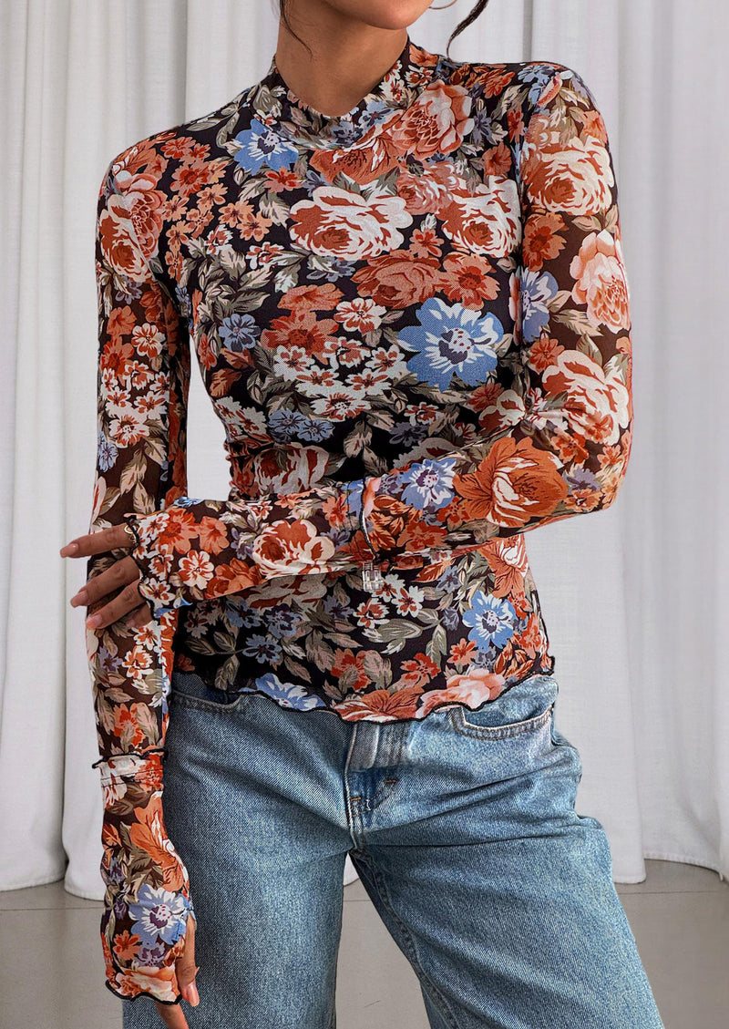 PRETTYGARDEN Womens Fall Mesh Floral Blouses Long Sleeve Going Out Tops Slim Fitted Shirts Date Night Outfits