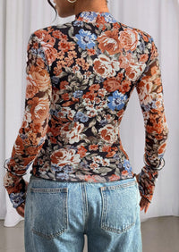 PRETTYGARDEN Womens Fall Mesh Floral Blouses Long Sleeve Going Out Tops Slim Fitted Shirts Date Night Outfits