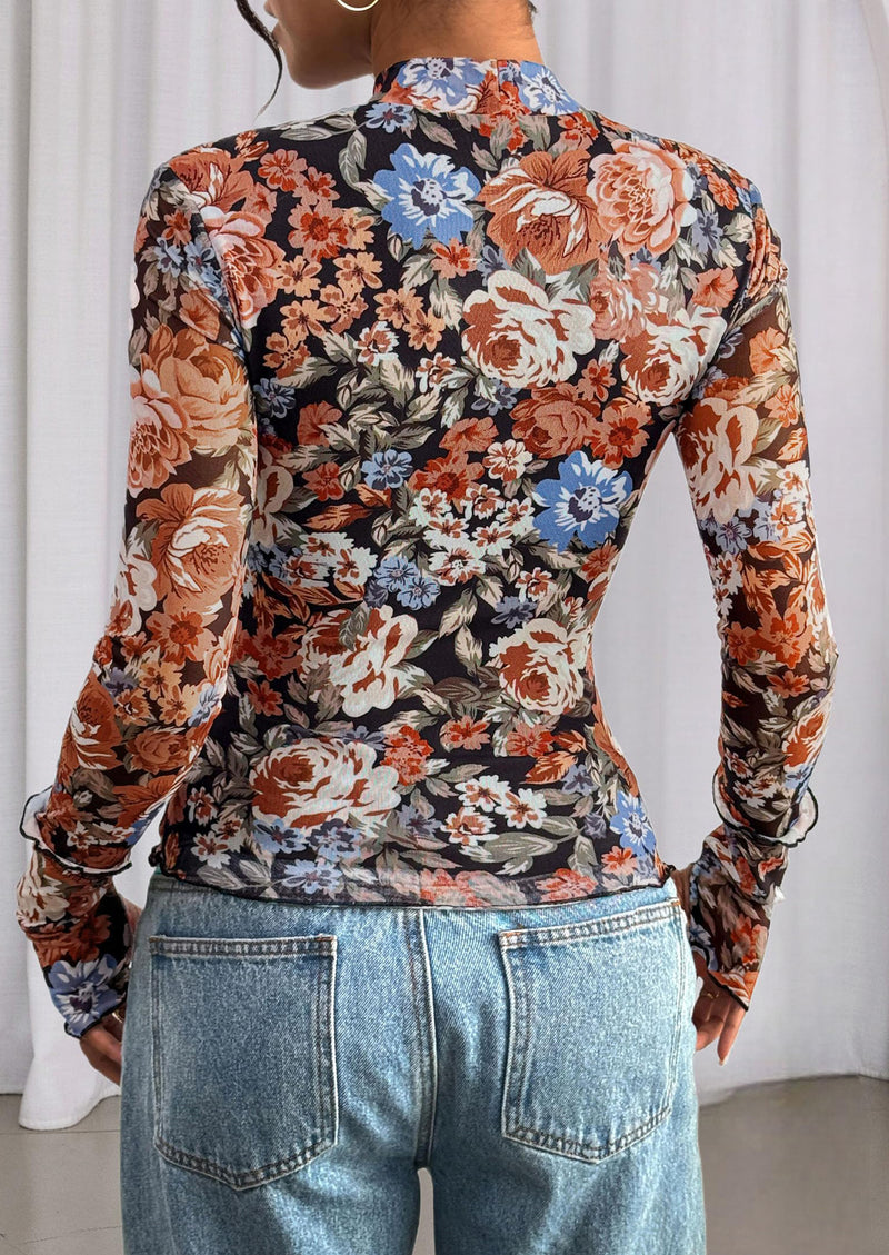 PRETTYGARDEN Womens Fall Mesh Floral Blouses Long Sleeve Going Out Tops Slim Fitted Shirts Date Night Outfits