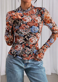 PRETTYGARDEN Womens Fall Mesh Floral Blouses Long Sleeve Going Out Tops Slim Fitted Shirts Date Night Outfits