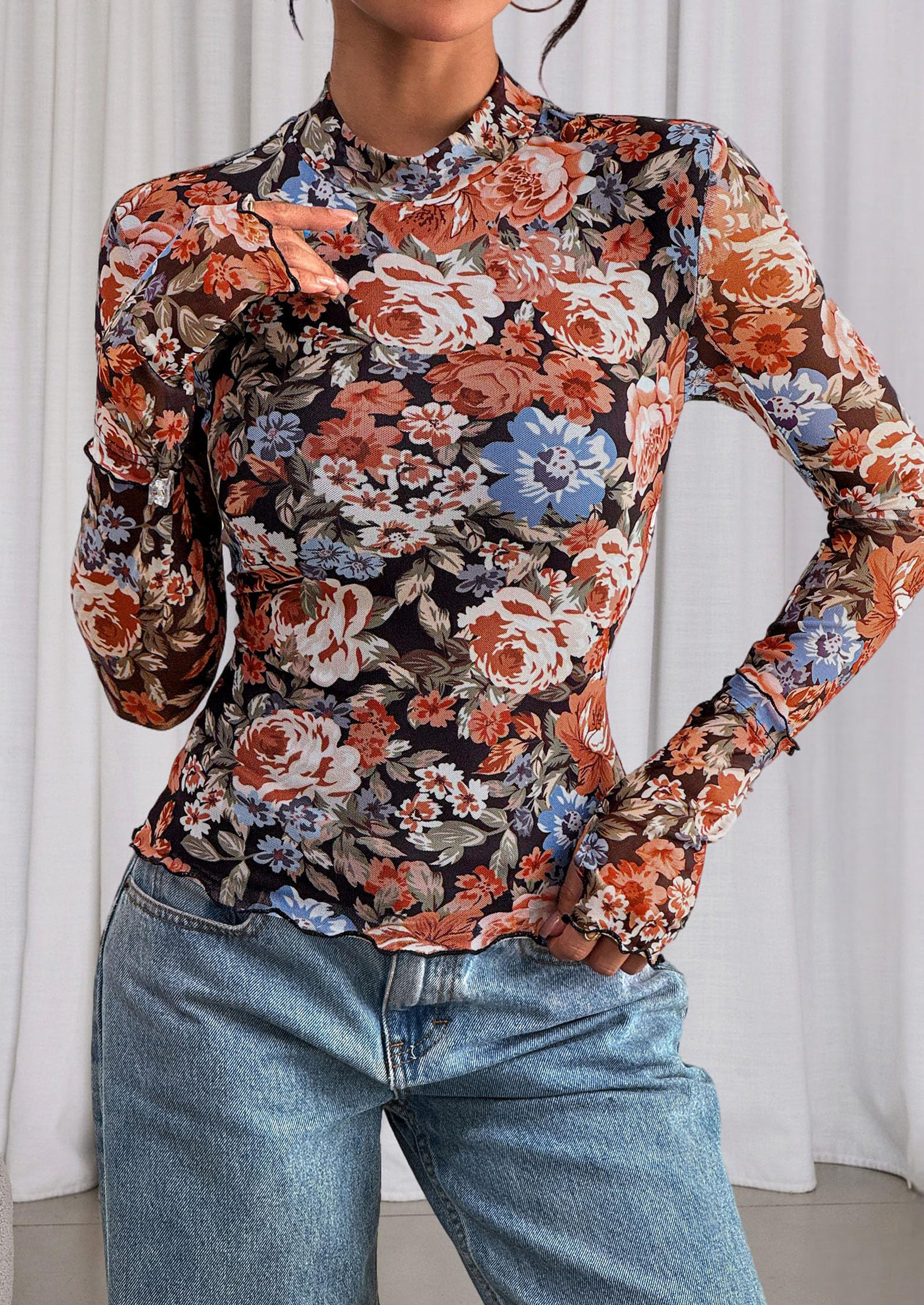 PRETTYGARDEN Womens Fall Mesh Floral Blouses Long Sleeve Going Out Tops Slim Fitted Shirts Date Night Outfits