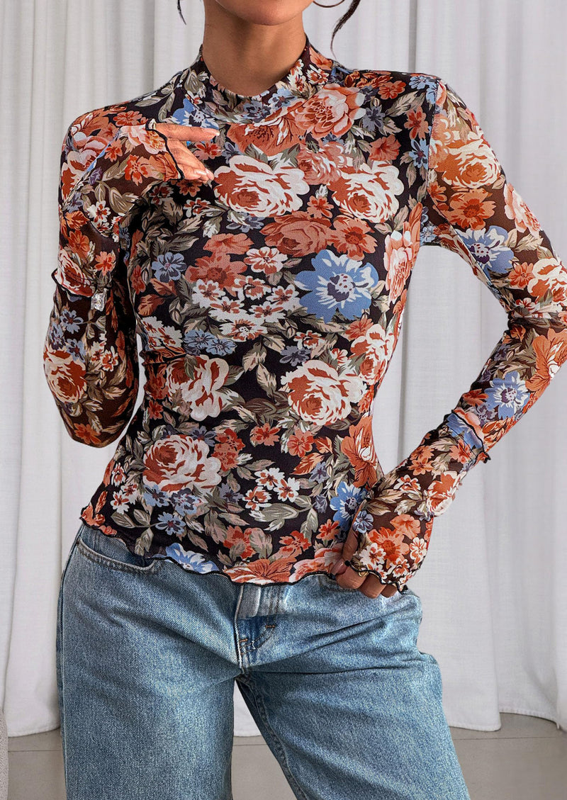 PRETTYGARDEN Womens Fall Mesh Floral Blouses Long Sleeve Going Out Tops Slim Fitted Shirts Date Night Outfits