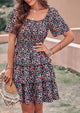 Floral Square Neck Short Sleeve Tiered Ruffle Boho Dresses