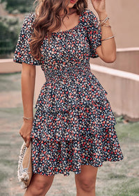 Floral Square Neck Short Sleeve Tiered Ruffle Boho Dresses