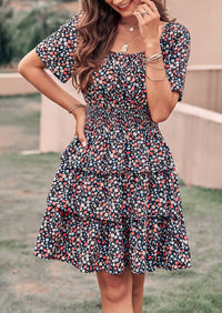 Floral Square Neck Short Sleeve Tiered Ruffle Boho Dresses
