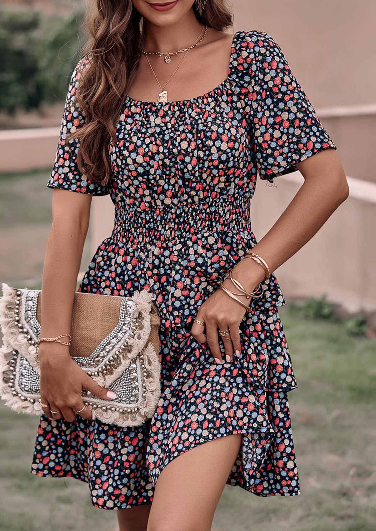 Floral Square Neck Short Sleeve Tiered Ruffle Boho Dresses
