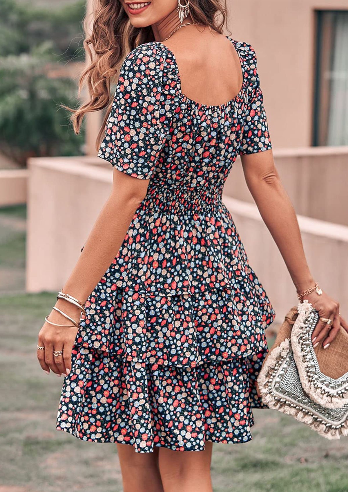 Floral Square Neck Short Sleeve Tiered Ruffle Boho Dresses