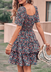 Floral Square Neck Short Sleeve Tiered Ruffle Boho Dresses