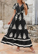 Casual V Neck Boho Flowy A-line Bell Sleeve Tiered Floral Maxi Dresses with Pocket