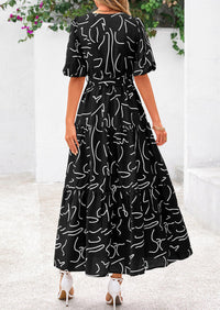 Bohemian Print V-Neck Short Sleeved Ruffled Vacation Maxi Dress