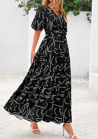 Bohemian Print V-Neck Short Sleeved Ruffled Vacation Maxi Dress