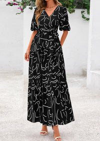 Bohemian Print V-Neck Short Sleeved Ruffled Vacation Maxi Dress