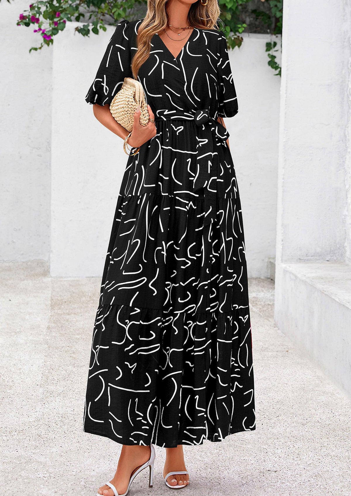 Bohemian Print V-Neck Short Sleeved Ruffled Vacation Maxi Dress