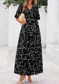 Bohemian Print V-Neck Short Sleeved Ruffled Vacation Maxi Dress