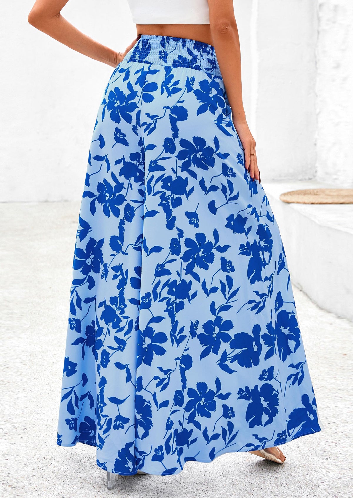 Casual Elastic High Waisted Pockets Boho Beach Wide Leg Palazzo Pants