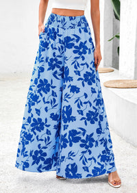 Casual Elastic High Waisted Pockets Boho Beach Wide Leg Palazzo Pants